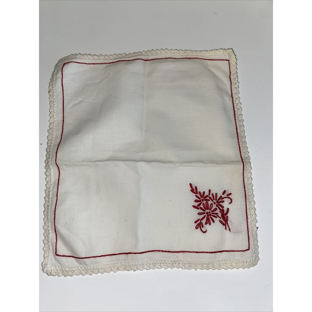 Vintage Handkerchief Hanky Embroidered Red Flowers Red Design Red Trim Cotton
